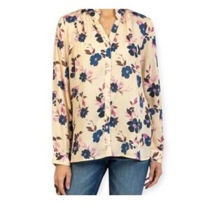 Kut from the Kloth Womens Floral Long Sleeve Ruffle Neck Shirt Cream Navy Pink M
